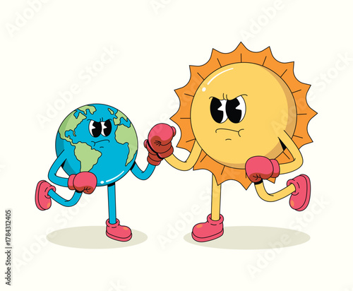 boxing earth vs sun character groovy cartoon illustration