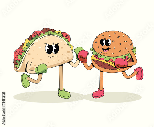 boxing taco vs burger character groovy cartoon illustration