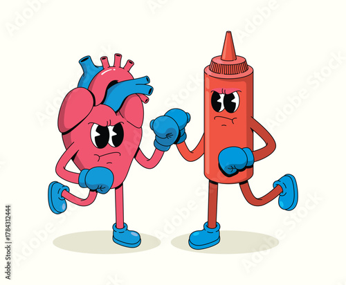 boxing heart vs chili sauce character groovy cartoon illustration