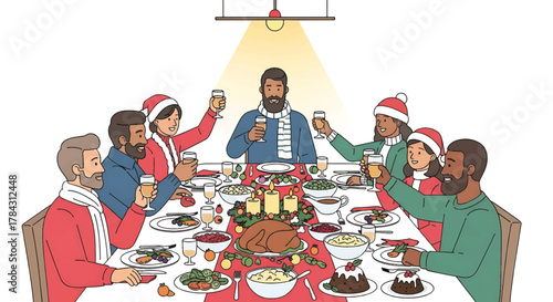 Joyful holiday dinner gathering illustration featuring diverse friends and family toasting around a festive table adorned with traditional food and decorations