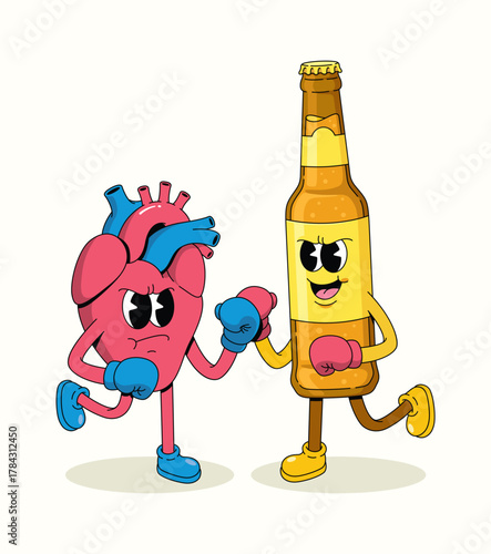 boxing heart vs beer bottle character groovy cartoon illustration