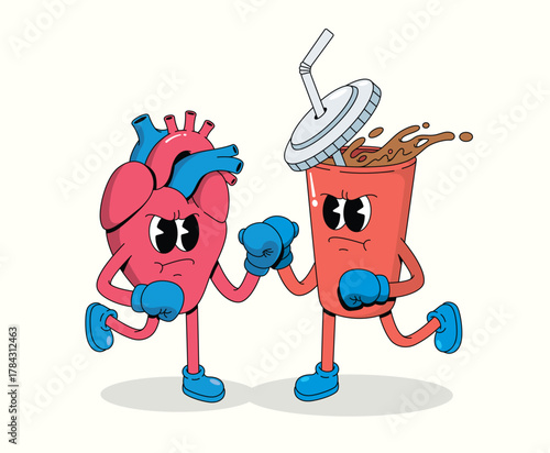 boxing heart vs soft drink character groovy cartoon illustration