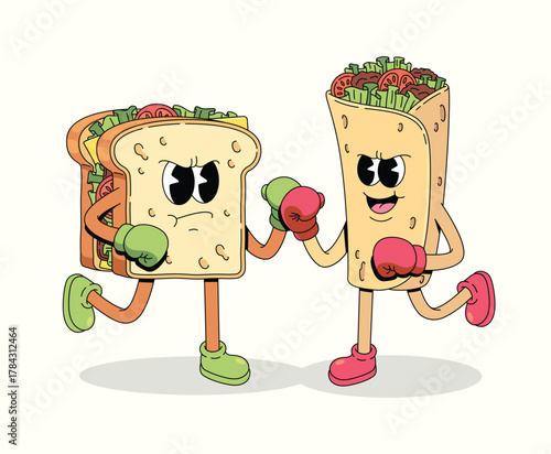 boxing sandwich vs kebab character groovy cartoon illustration