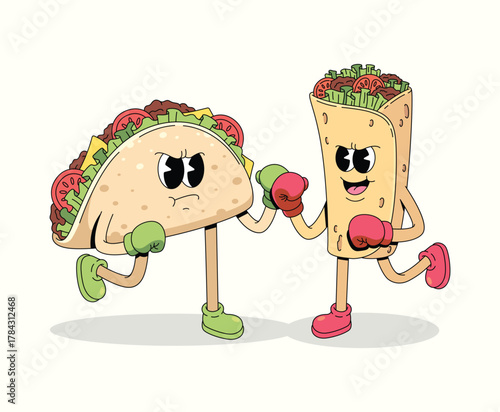 boxing taco vs kebab character groovy cartoon illustration