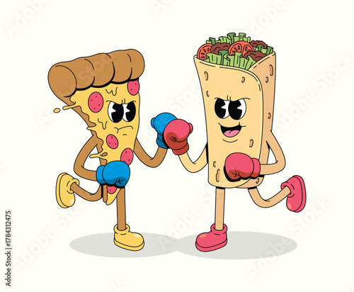 boxing pizza vs kebab character groovy cartoon illustration