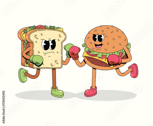 boxing sandwich vs burger character groovy cartoon illustration