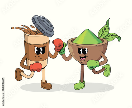 boxing coffee vs matcha character groovy cartoon illustration