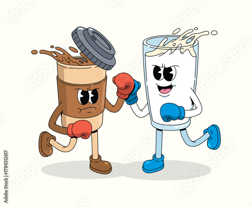 boxing coffee vs milk character groovy cartoon illustration