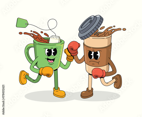 boxing coffee vs tea character groovy cartoon illustration