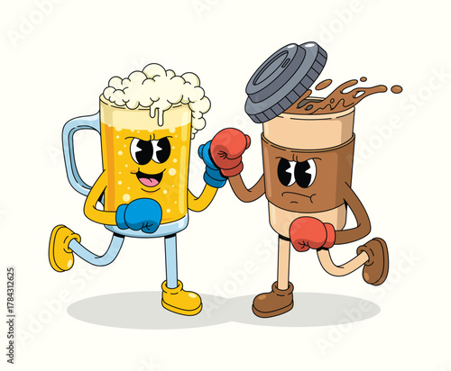 boxing beer vs coffee character groovy cartoon illustration