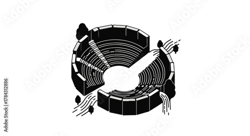 Ancient open-air amphitheater with tiered seating and surrounding trees, evoking historical performance spaces.