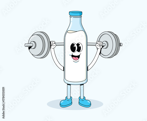 milk bottle weightlifting character groovy cartoon illustration