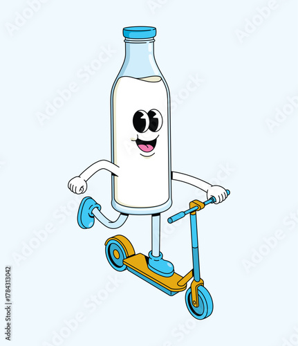 milk bottle kick scooter character groovy cartoon illustration