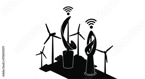 Modern sculptures with wind turbines symbolize renewable energy and technological advancement.