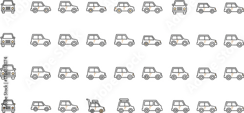 Car icons set, automotive vehicle design, transportation concept, front and side view, outline minimal style, CAD drawing flat vector illustration