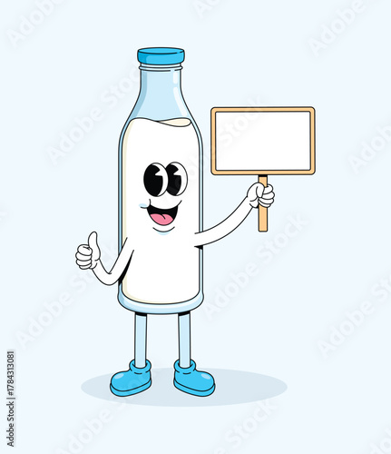 milk bottle blank board character groovy cartoon illustration