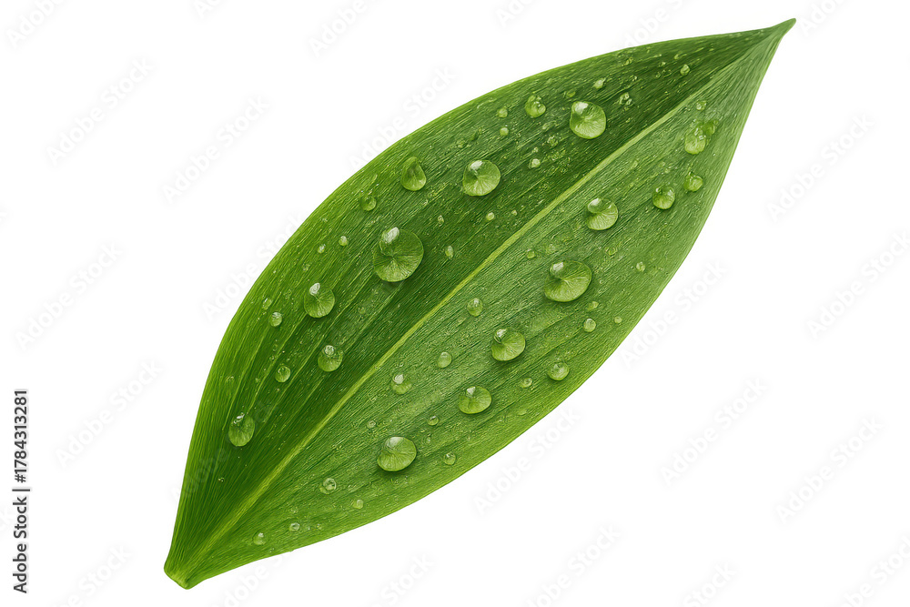 Fototapeta premium Green leaf with fresh water drops transparent background representing nature, purity, and eco-friendly concepts