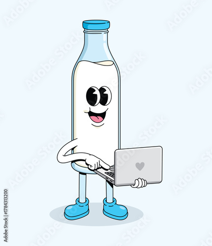 milk bottle laptop character groovy cartoon illustratio