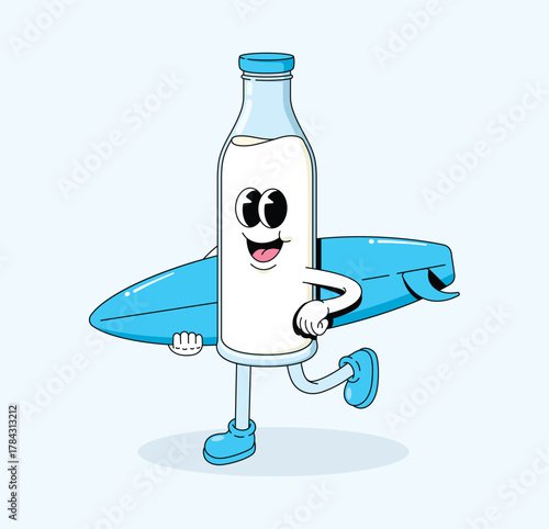 milk bottle surf character groovy cartoon illustratio