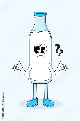milk bottle confused character groovy cartoon illustration