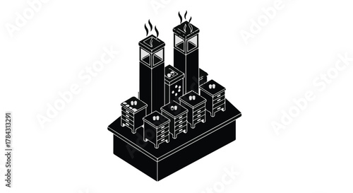 Abstract geometric arrangement of dark towers and cubical structures with glowing tops.