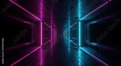 Fototapeta Naklejka Na Ścianę i Meble -  Neon Corridor: A sleek, futuristic tunnel with vibrant pink and blue neon lights, exuding an aura of mystery and technological sophistication.