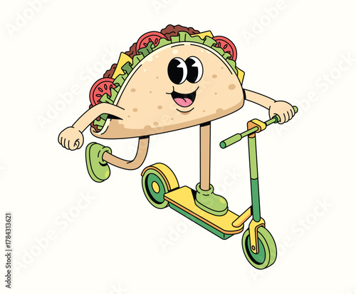 taco kick scooter character groovy cartoon illustration