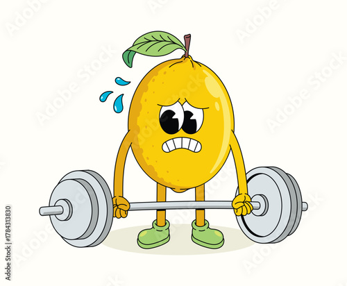 lemon hard weightlifting character groovy cartoon illustration