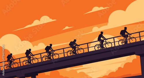 Sunset ride illustration showing cyclists silhouetted on bridge perfect for travel, fitness, or adventure campaigns