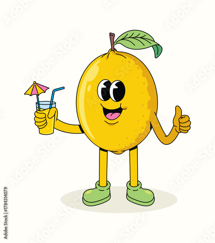 lemon drink thumbs up character groovy cartoon illustration