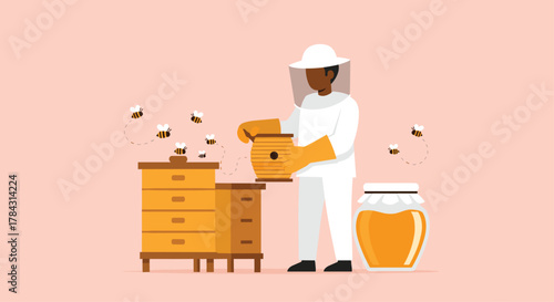 Beekeeper harvesting fresh organic honey from beehive surrounded by buzzing bees for natural food production