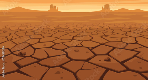 Dramatic cracked desert landscape with mesas at sunset for adventurous travel posters and website backgrounds
