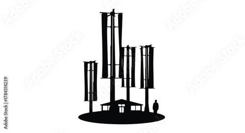 Modern vertical axis wind turbines stand tall against a stark background, symbolizing renewable energy and eco-friendly power generation.