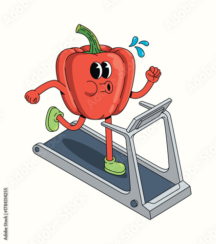 bell pepper treadmill character groovy cartoon illustration