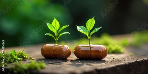 Nature's Remedy Capsules sprouting vibrant green seedlings on rustic wood, symbolizing health and renewal