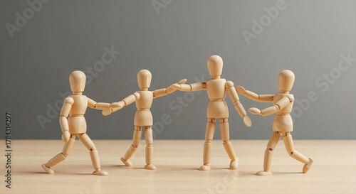Teamwork Harmony: Wooden figures symbolizing human connection, forming a circle that represents collaboration. Showcasing the beauty of support and unity.