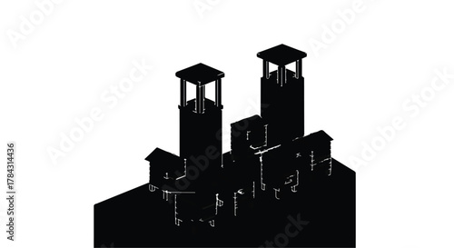 Monochromatic silhouette of a modern architectural structure with two prominent towers against a white background.