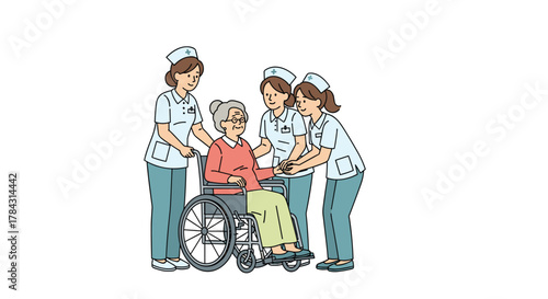 Caring nurses assist elderly woman in wheelchair, providing compassionate healthcare and support for senior patient