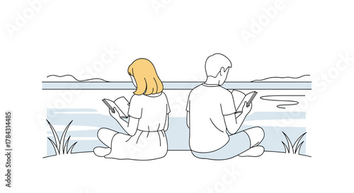 Enjoying a peaceful afternoon reading together by the water, a serene moment of relaxation and shared interests