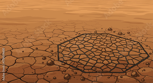 Arid cracked landscape with geometric pattern, perfect for sci-fi or fantasy game background assets and environment designs