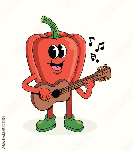 bell pepper guitar character groovy cartoon illustration