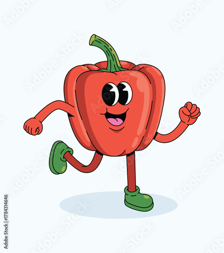 bell pepper run character groovy cartoon illustration