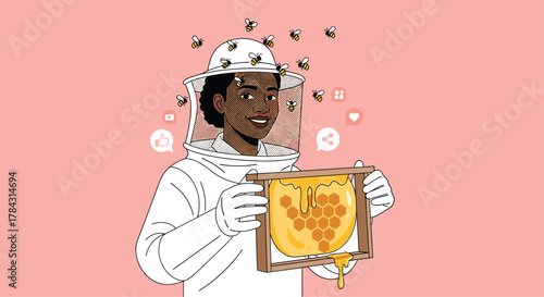 Happy beekeeper harvesting sweet honey from honeycomb for social media content on pink background illustration