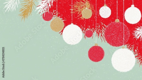 Christmas Illustration with Red, White, Gold Baubles and Pine Branches on Light Green Background, Perfect for Wallpaper, Poster, Banner and Festive Decoration Design