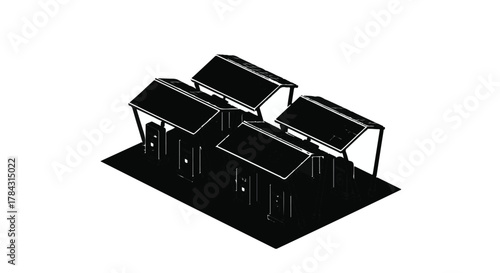 Modern architectural rendering of a cluster of minimalist buildings with angled roofs.