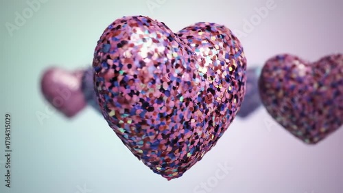 A cluster of sequined hearts in varying focus float against a gradient background. Glitter reflects light, creating depth and dimension