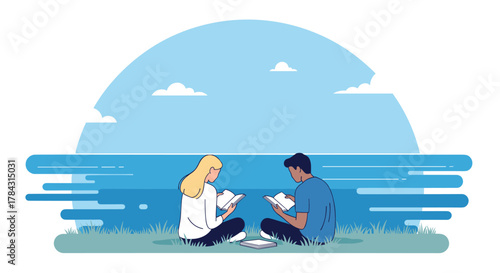 Couple enjoying tranquil reading time together by the calming seaside in lovely summer weather and beautiful blue sky