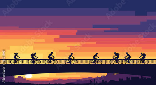 Feel the freedom of cycling across the bridge at sunset with friends, enjoying the vibrant colors of the sky