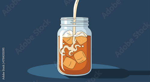Pouring smooth creamy milk into rich iced coffee in a mason jar against a dark background for a refreshing drink