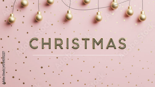 Christmas Illustration with Golden String Lights, "CHRISTMAS" Text on Pink Background with Gold Dots, Ideal for Wallpaper, Poster, Banner and Festive Decoration Design